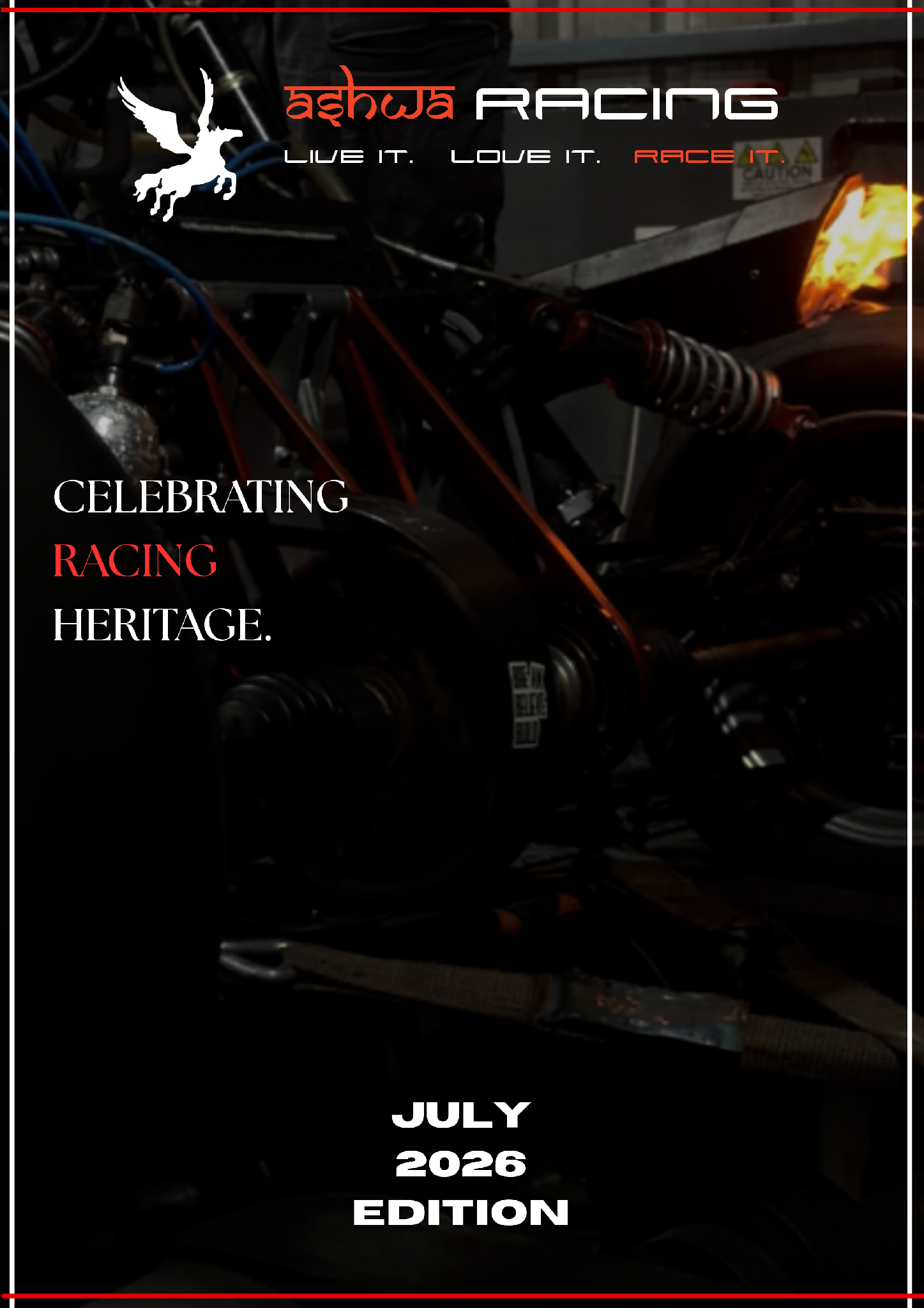Cover of the July 2026 Ashwa Racing newsletter, celebrating racing heritage